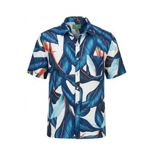 FARM RIO Shirt Men S Blue Tropical Leaf Linen Viscose Hawaiian Aloha Beachy